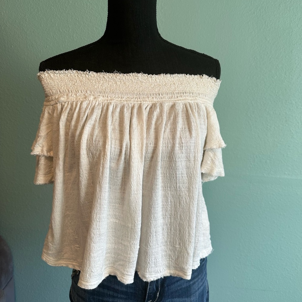 Free People Cream Off the Shoulder Smocked Blouse with Flutter Sleeves